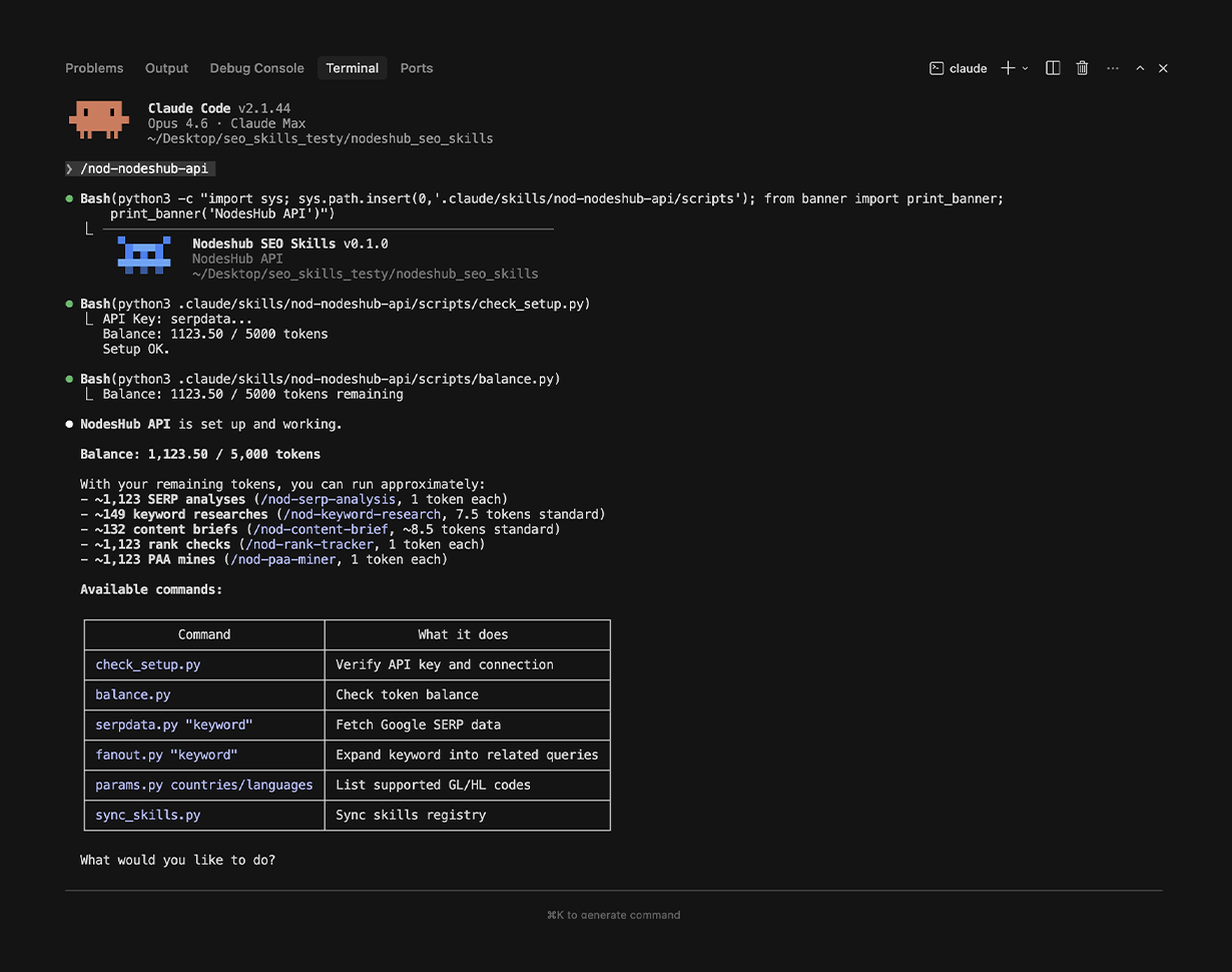 Nodeshub SEO Skills terminal demo